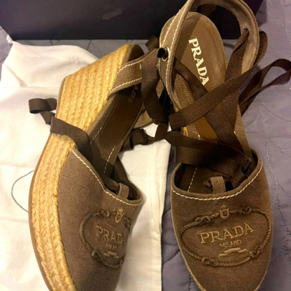 Prada Cloth ballet wedge ESPADRILLE BRAND NEW NEVER WORN size 10 40 brown ribbon